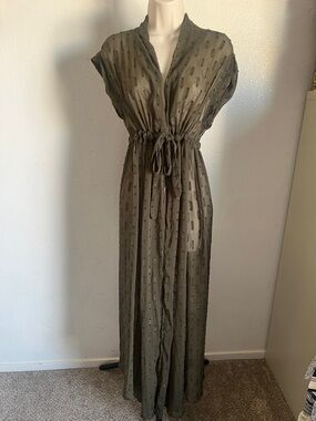 Sheer Olive Sheer Textured Duster with Drawstring Waist